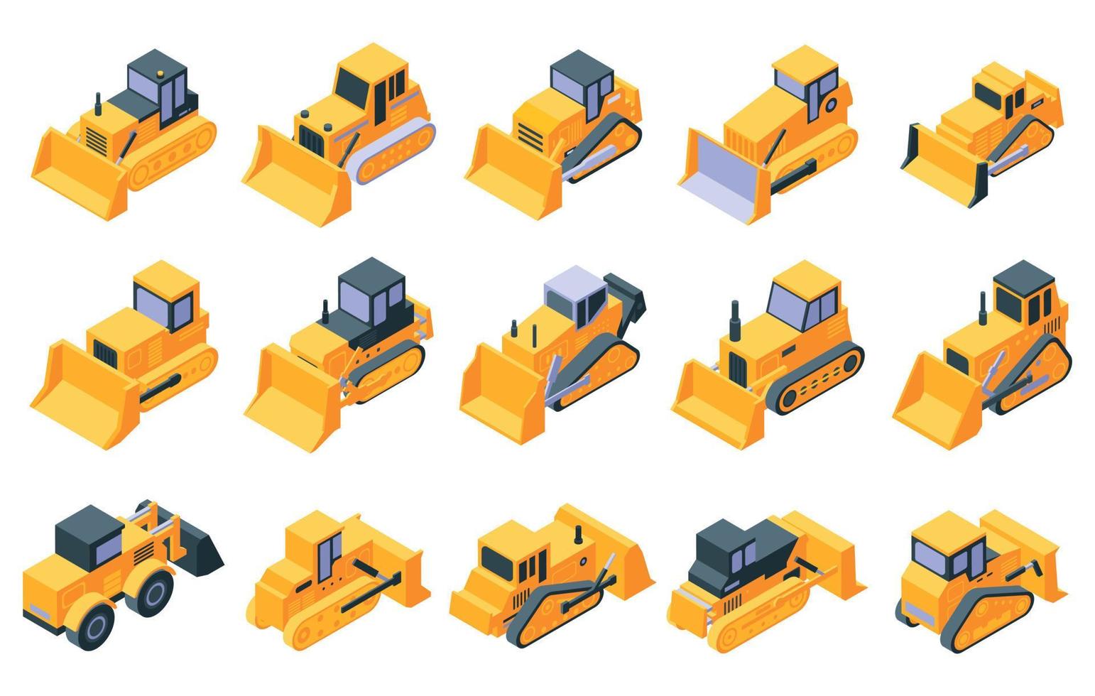 bulldozer ikoner set, isometrisk stil vektor