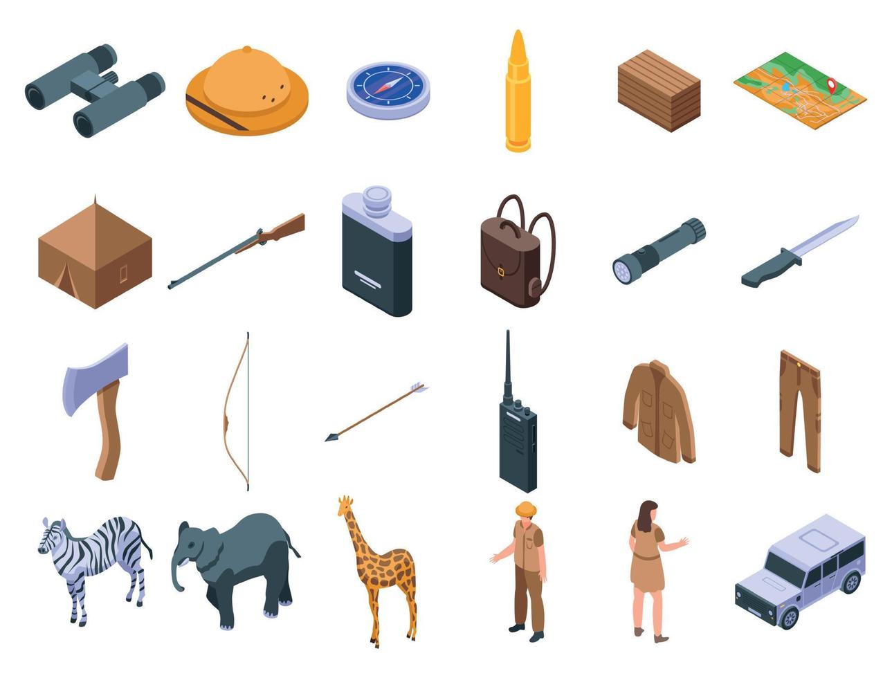 safari utrustning ikoner set, isometrisk stil vektor