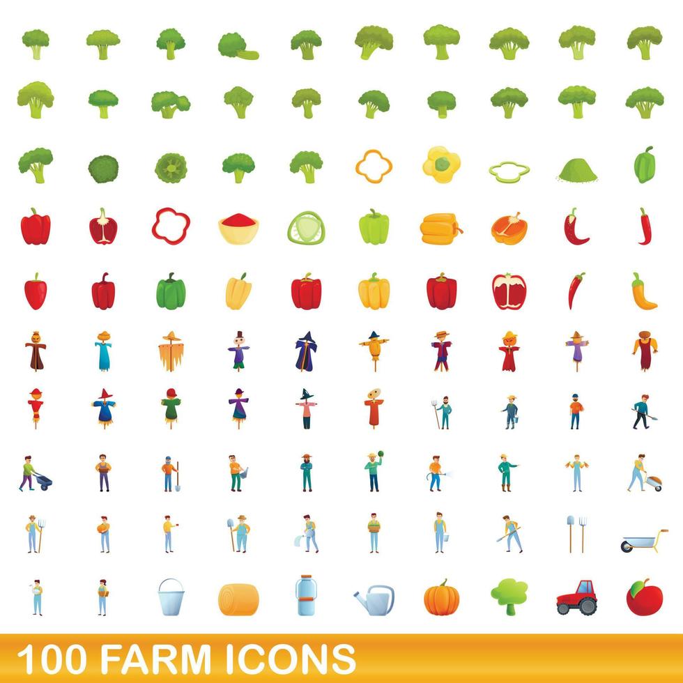100 Farm-Icons gesetzt, Cartoon-Stil vektor