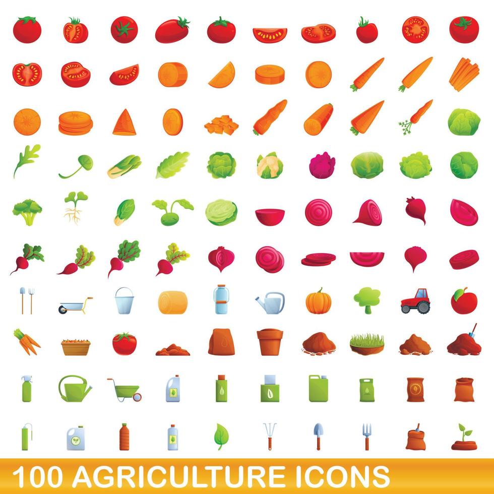 100 landwirtschaftliche Symbole im Cartoon-Stil vektor