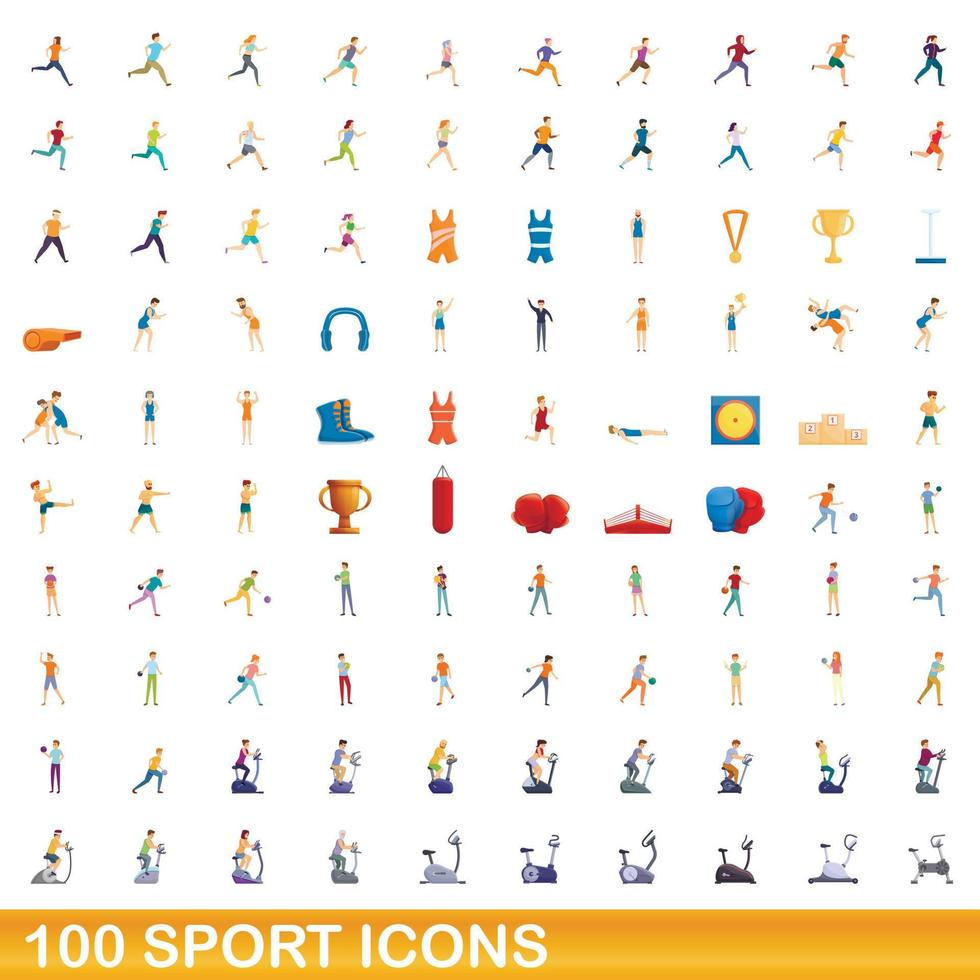 100 sport ikoner set, tecknad stil vektor