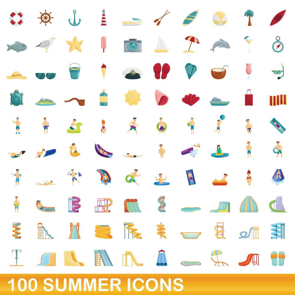 100 sommar ikoner set, tecknad stil vektor