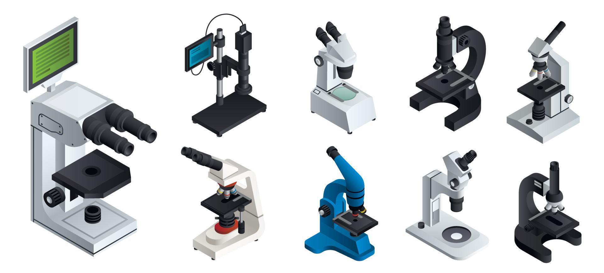 mikroskop ikoner set, isometrisk stil vektor