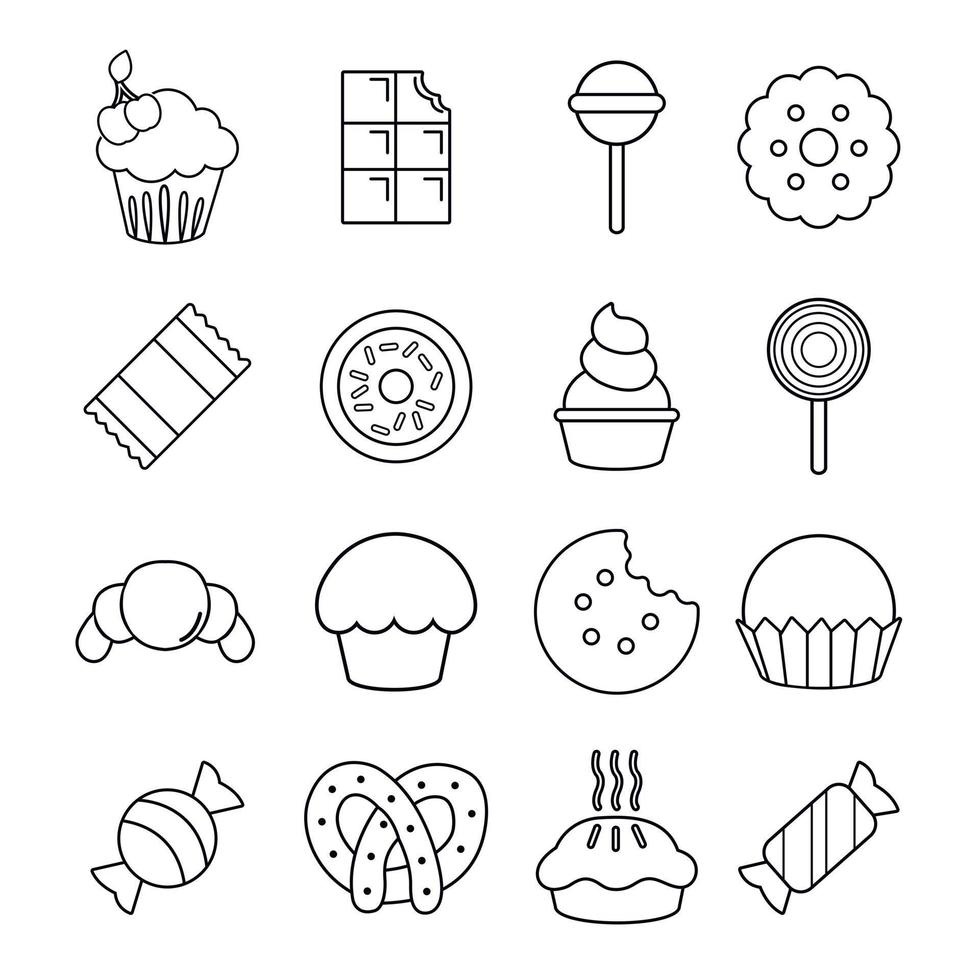 Süßigkeiten Süßigkeiten Kuchen Icons Set, Outline-Stil vektor