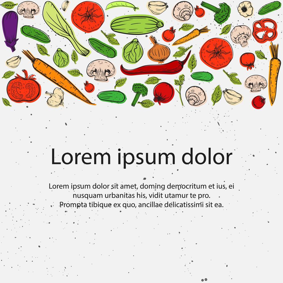 Gemüse Illustration Vektor Food Design oder Etikettenvorlage. auf dem bauernhof angebaute mahlzeit tomate, knoblauch, pfefferbanner. moderne Typografie und handgezeichnetes Gemüse skizzieren Grunge-Hintergrund-Banner