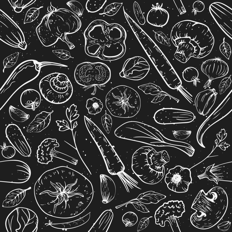 nahtlose Muster Vektor schwarzer Hintergrund. handgezeichnete skizze vintage gemüse tomate, gurke, paprika, knoblauch, pilze für paket, menü, rezept, kochen