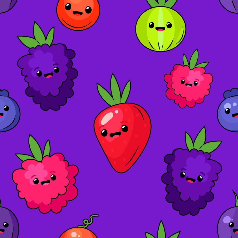 Sammlung von schönen Baby-Kawaii-Beeren-Doodle-Symbol. saftige frische Beeren, Himbeeren, Stachelbeeren, Preiselbeeren, Heidelbeeren, Brombeeren, Erdbeeren, Cartoon-Vektor. nahtloses Muster vektor