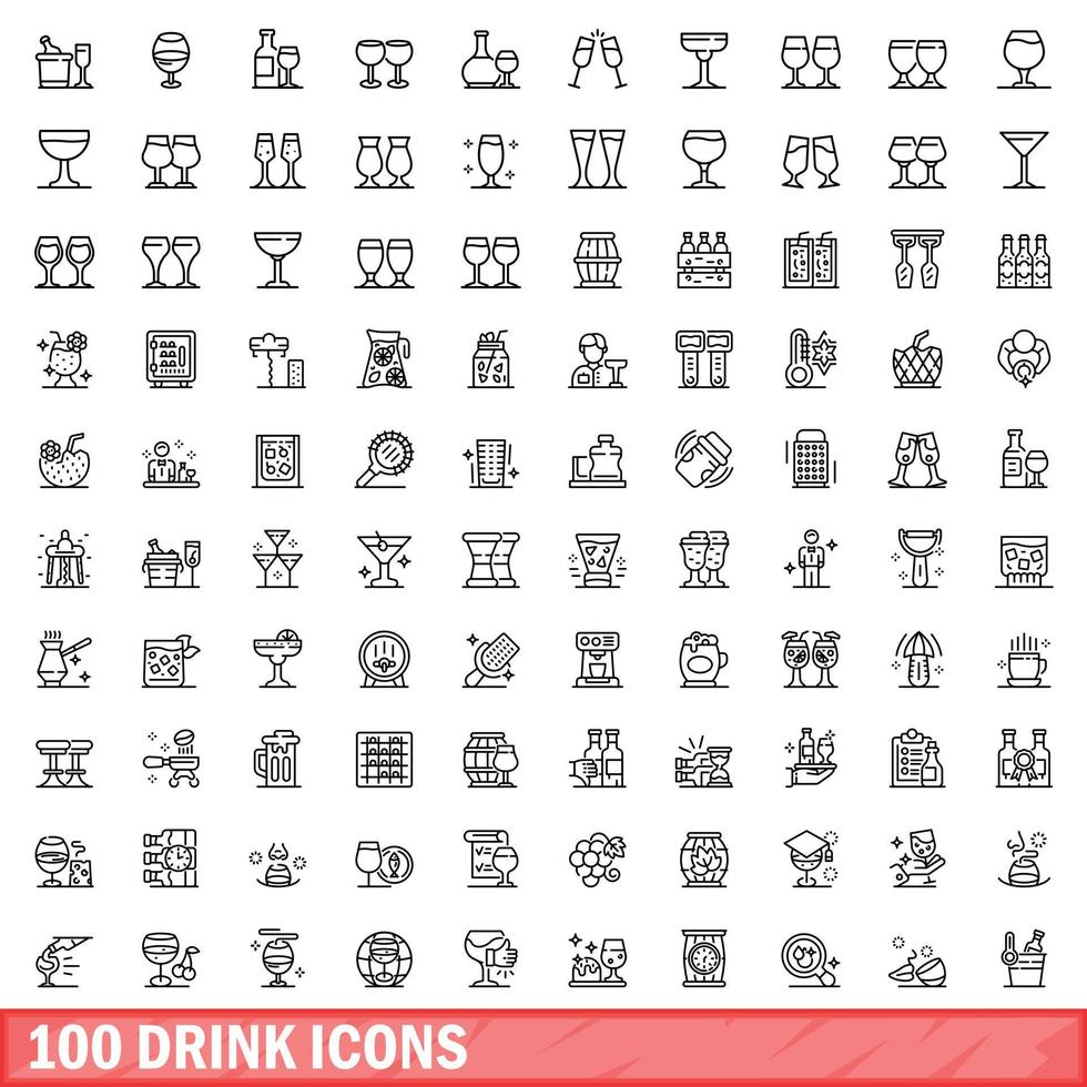 100 drinkikoner set, konturstil vektor