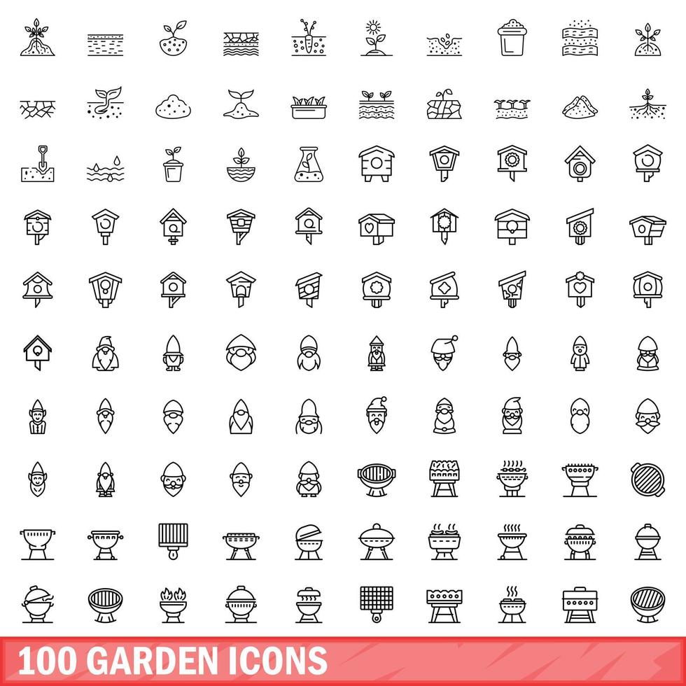 100 trädgårdsikoner set, konturstil vektor