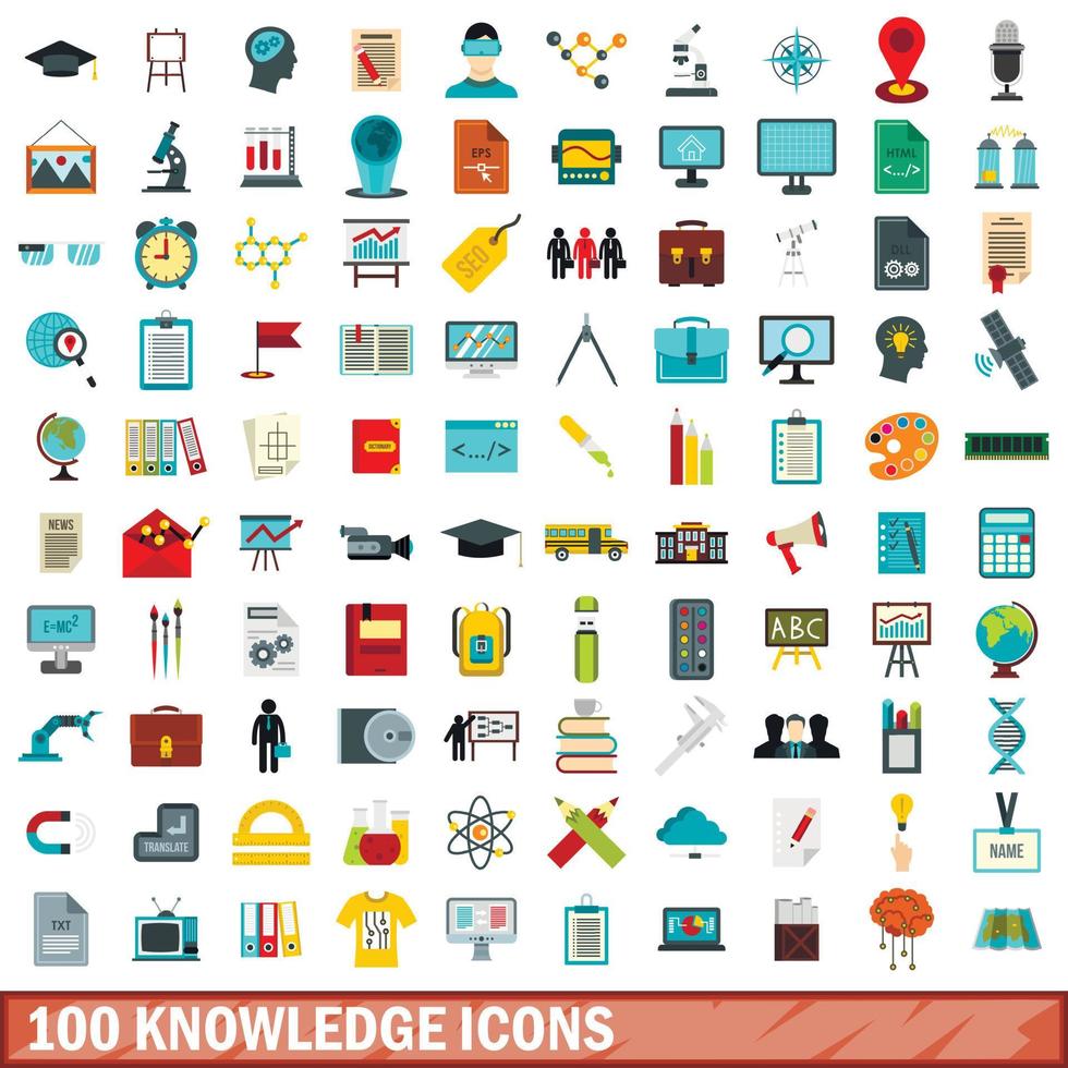 100 Wissenssymbole gesetzt, flacher Stil vektor