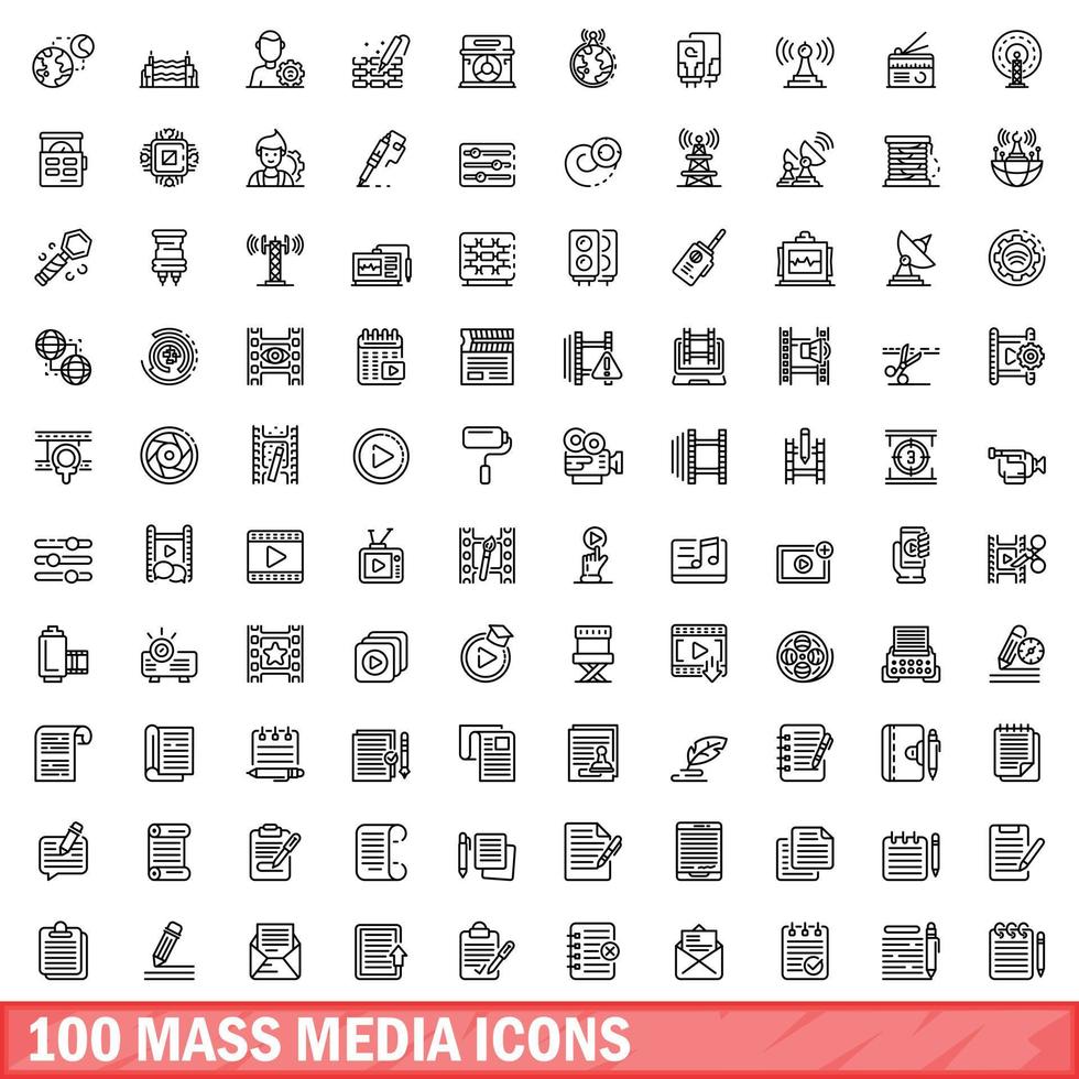 100 Massenmedien-Icons gesetzt, Umrissstil vektor