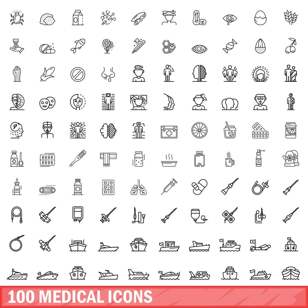 100 medicinska ikoner set, konturstil vektor