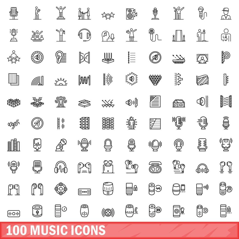 100 musikikoner set, konturstil vektor