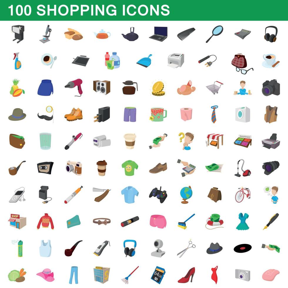 100 shopping set, tecknad stil vektor