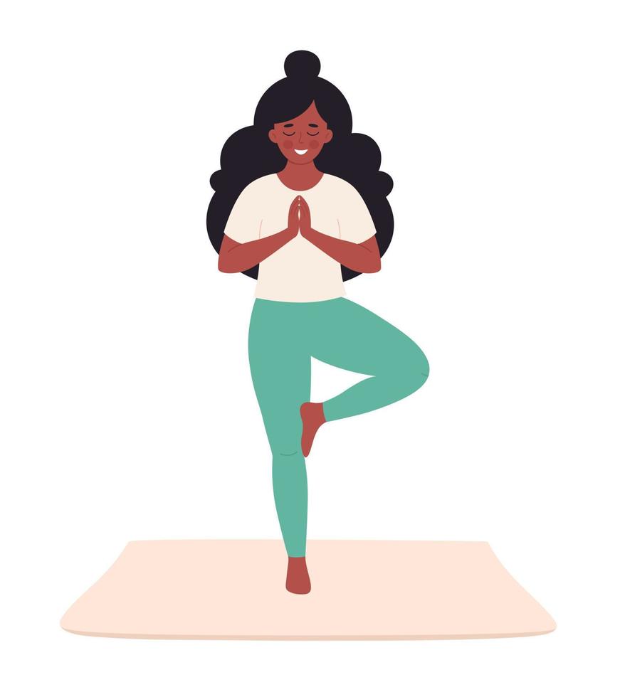 schwarze Frau beim Yoga. Gesunder Lebensstil, Selbstpflege, Yoga, Meditation, geistiges Wohlbefinden vektor