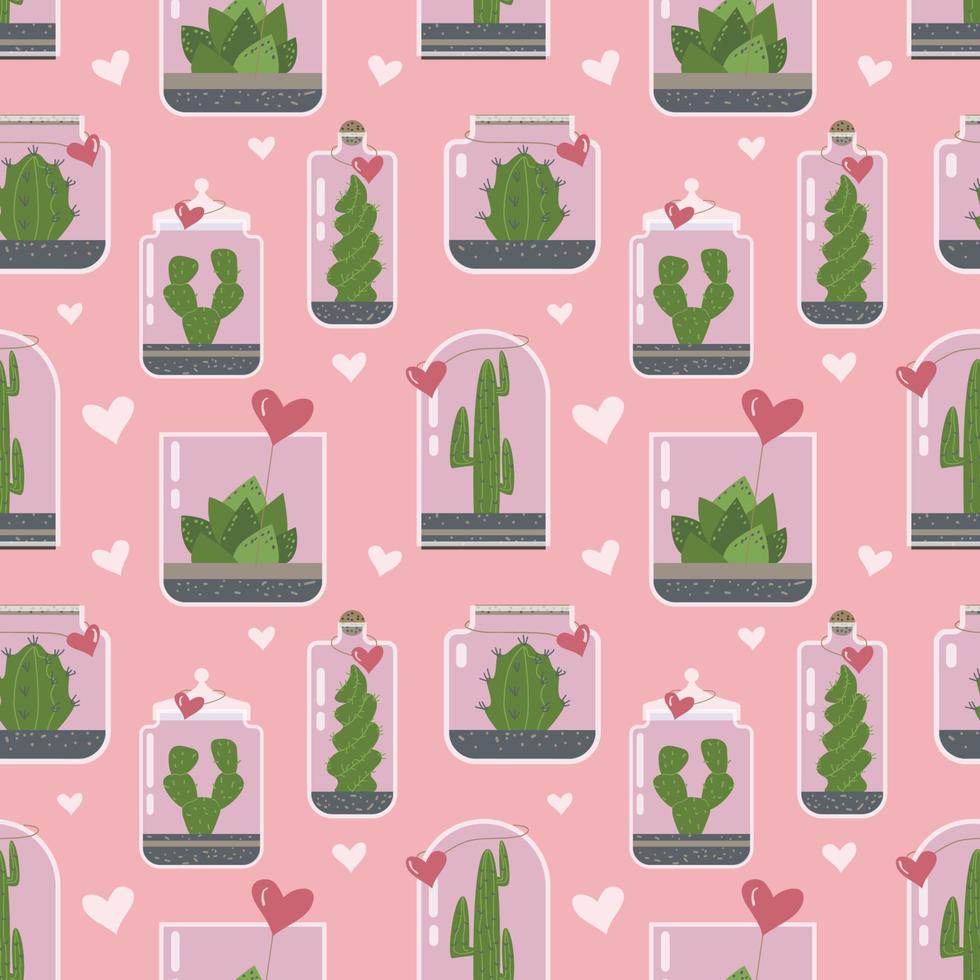 terrarium växter seamless mönster. kaktus suckulent florarium i glasvas med hjärta presentkort, söta terrarier med exotiska växter, kaktus i flaskan för nuvarande gröna växter vektorillustration vektor