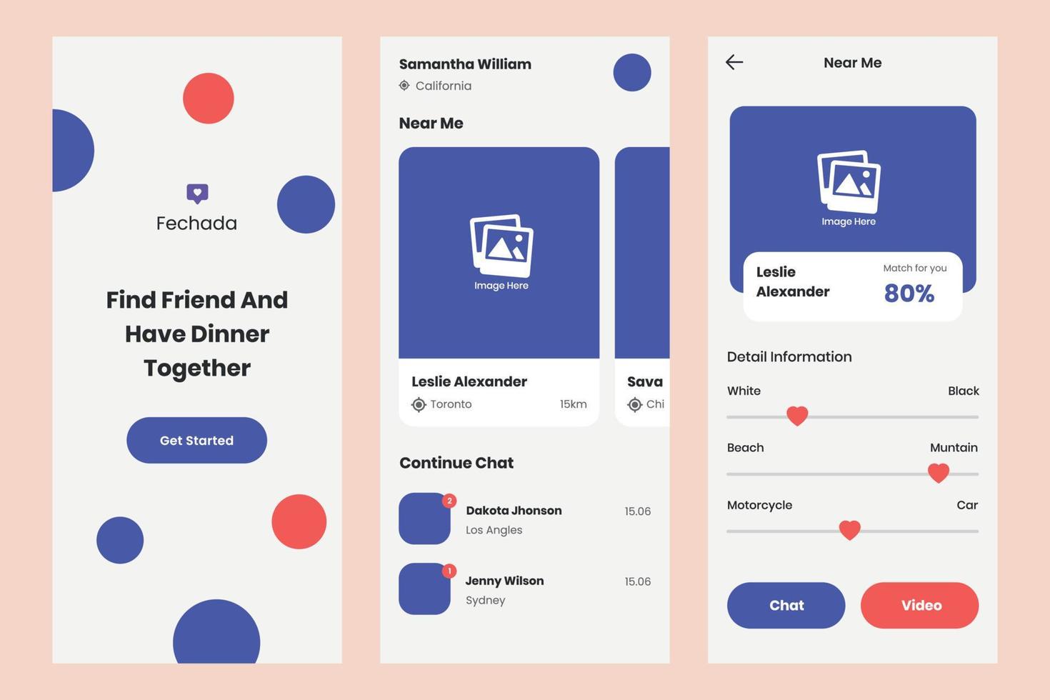 Layout-Dating-Chat-App Mobile UI Design-Vorlagenvektor. geeignetes Design für Android und iOS vektor