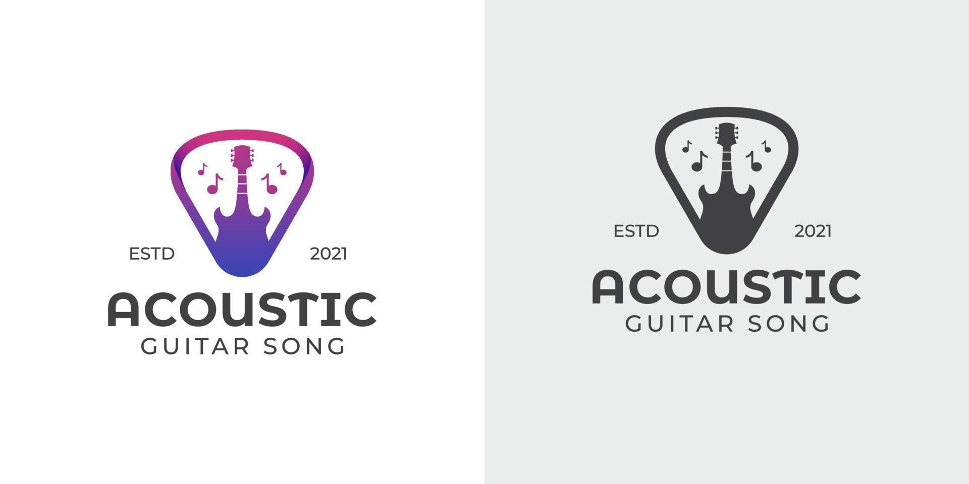 einfache und silhouettierte Akustikgitarre und Plektrum, Musikgeschäft, Konzertlogo vektor