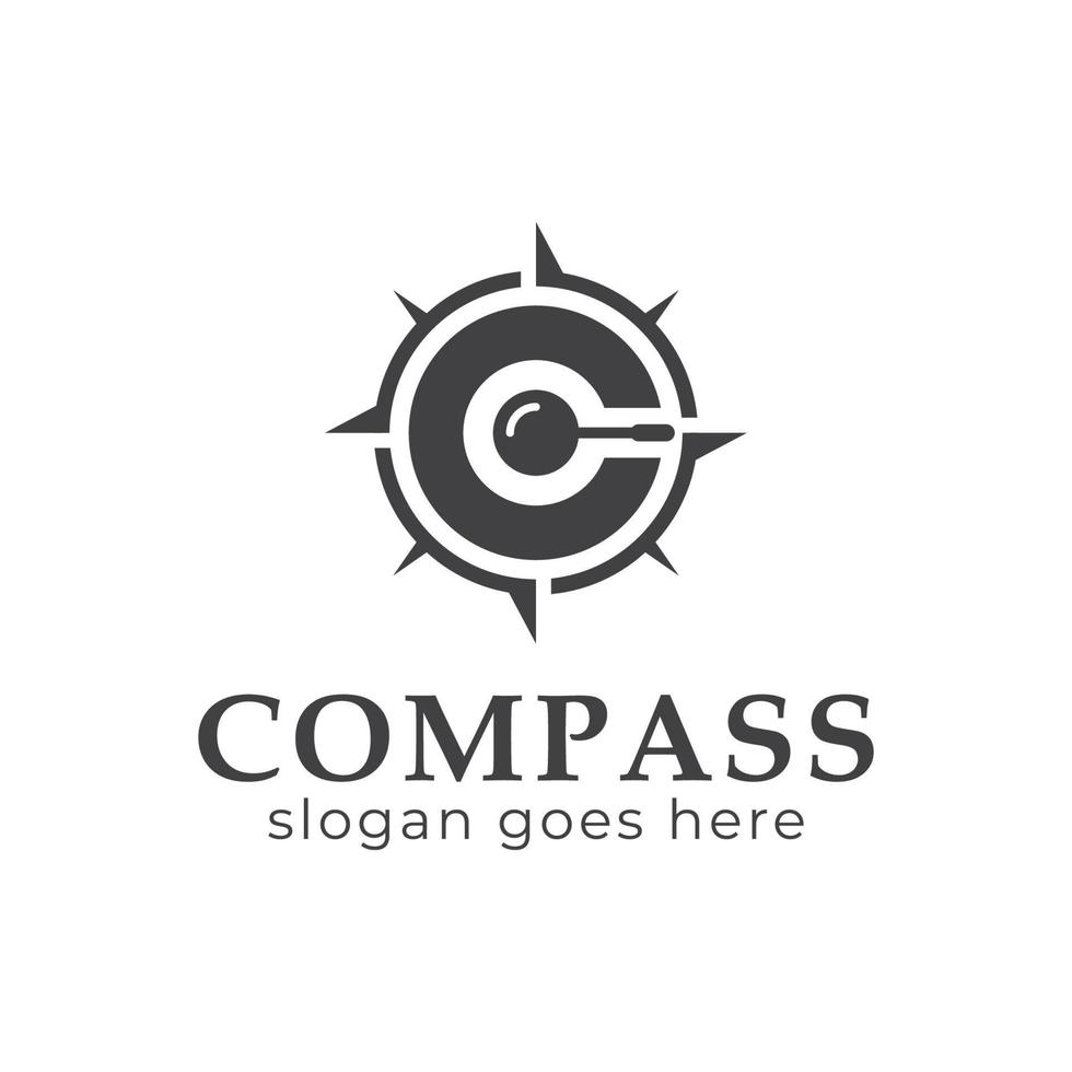 bokstav c kompass logotyp design för äventyr riktning upptäcktsresande med förstoringsglas symbol vektor