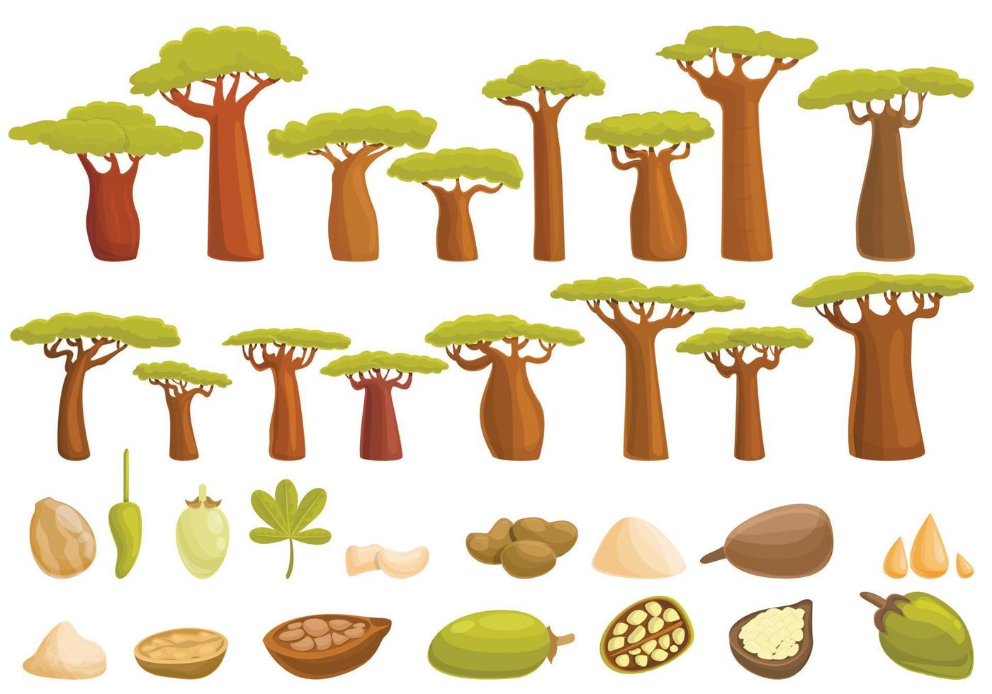 baobab ikoner set, tecknad stil vektor