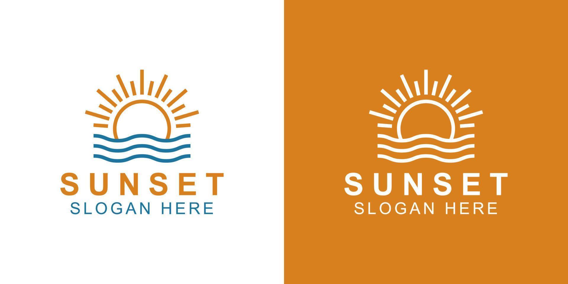 aufhellende sonne oder sonnenaufgang am strand mit welle, sonnenuntergang licht heller glanz logo design für sommer und urlaub vektor