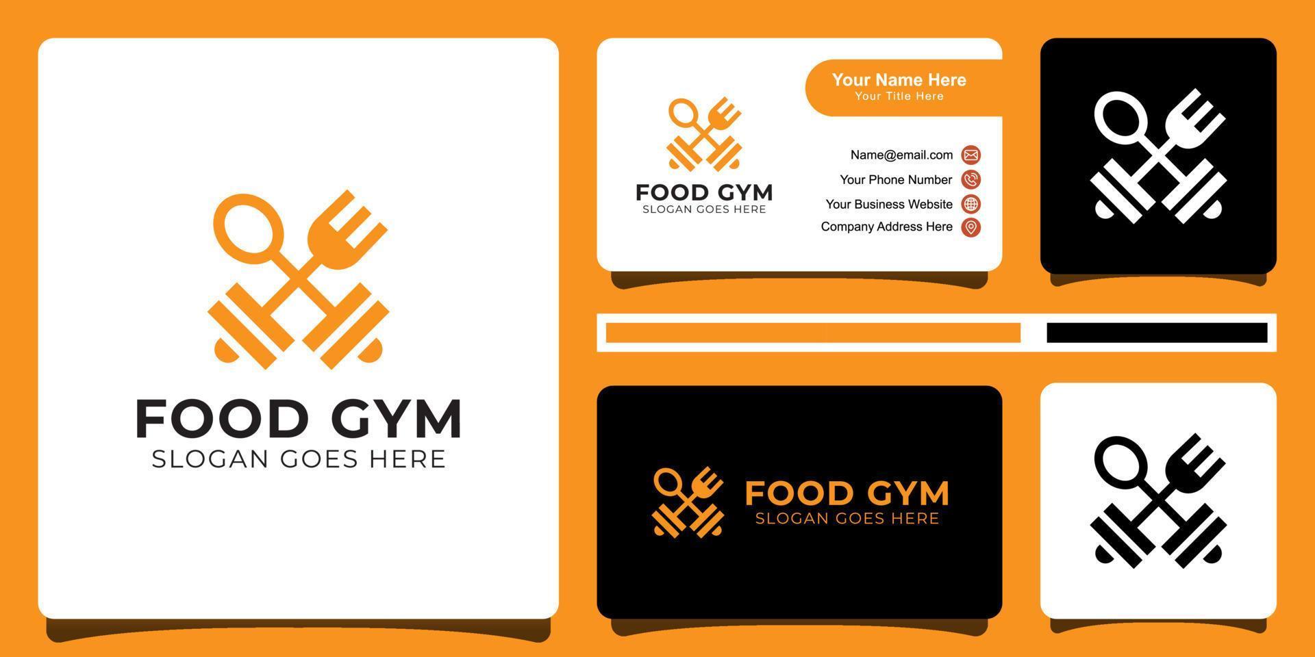 matlogotyp symbol för hälsosam livsstil för gym, vegetarisk matbutiker, café, restaurang med visitkort vektor