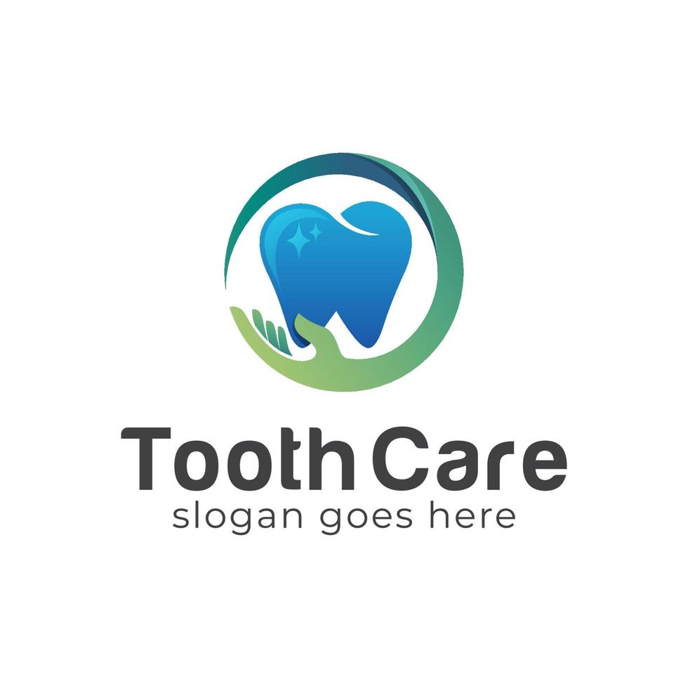 tandvård eller tand med handvård för medicinsk klinik logotypdesign vektor