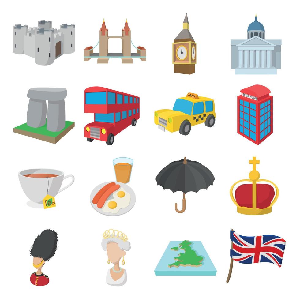 England-Icons-Set, Cartoon-Stil vektor