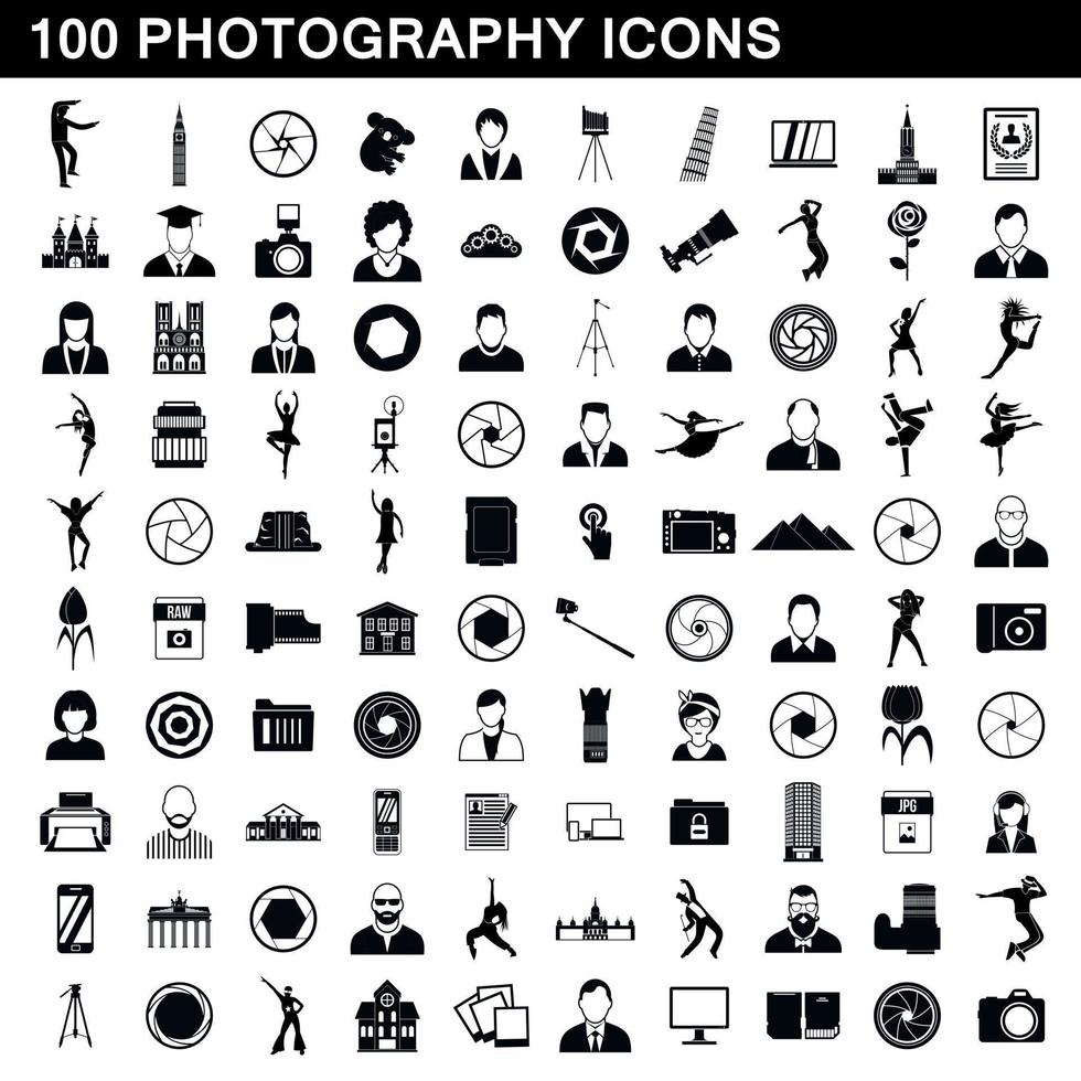 100 fotografering ikoner set, enkel stil vektor