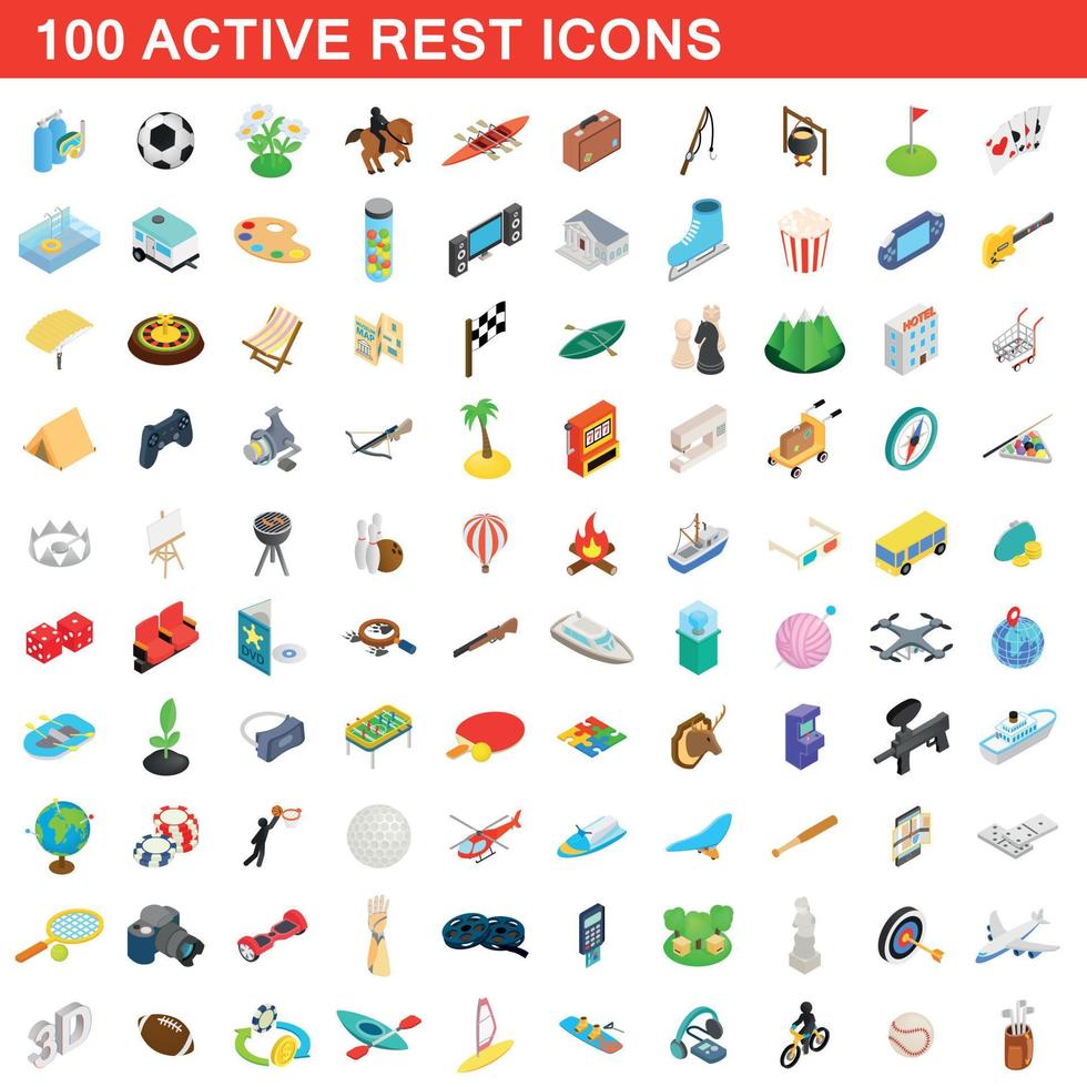 100 aktiva vila ikoner set, isometrisk 3d-stil vektor