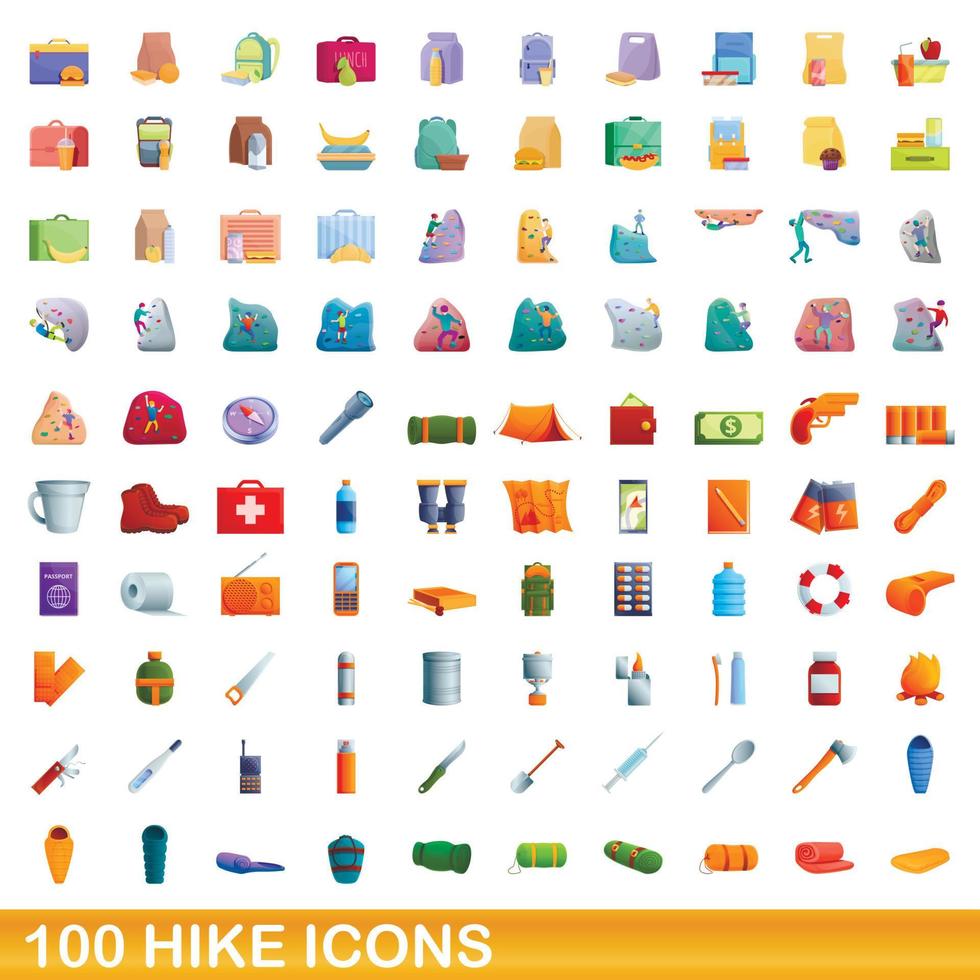 100 vandring ikoner set, tecknad stil vektor