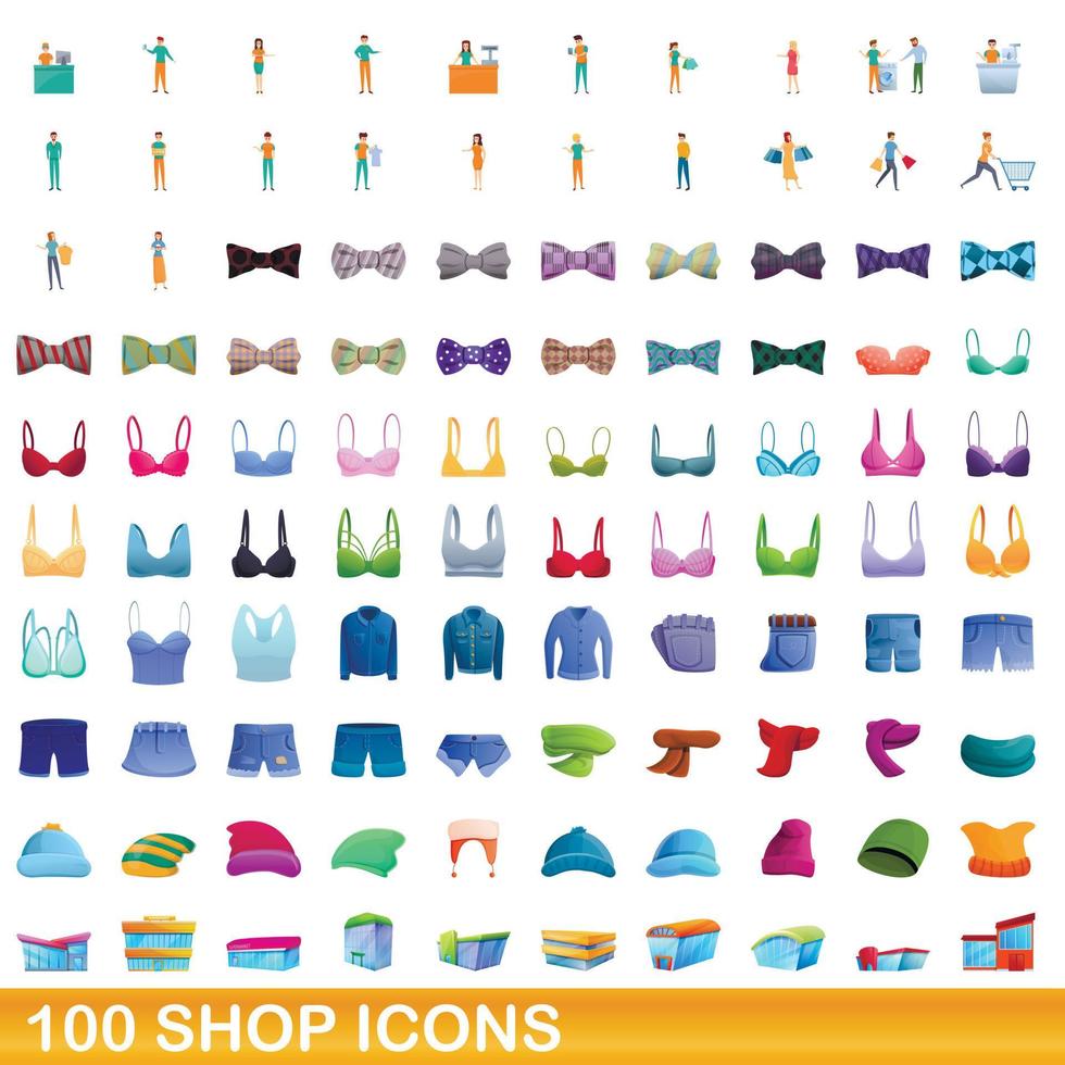 100 butik ikoner set, tecknad stil vektor