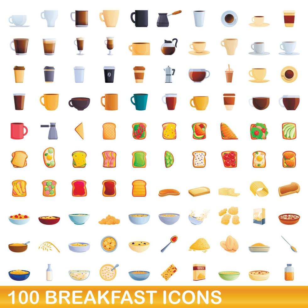 100 Frühstückssymbole im Cartoon-Stil vektor