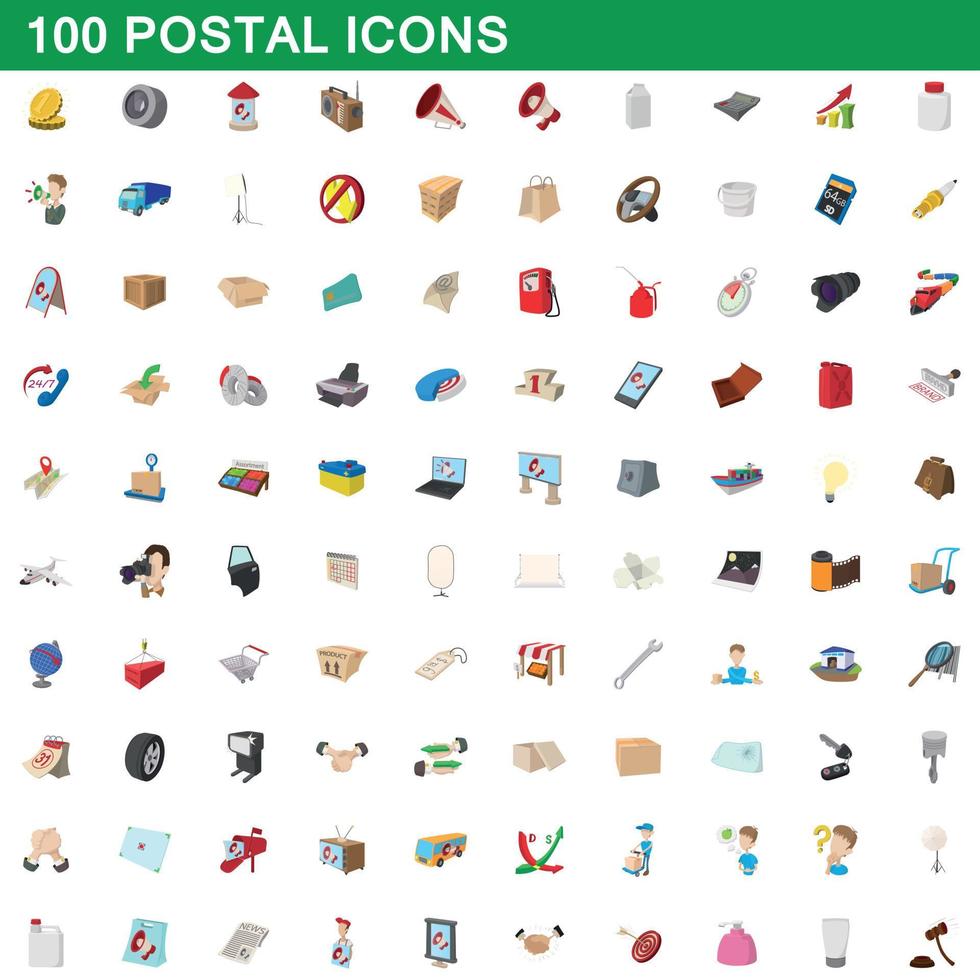 100 postala ikoner set, tecknad stil vektor