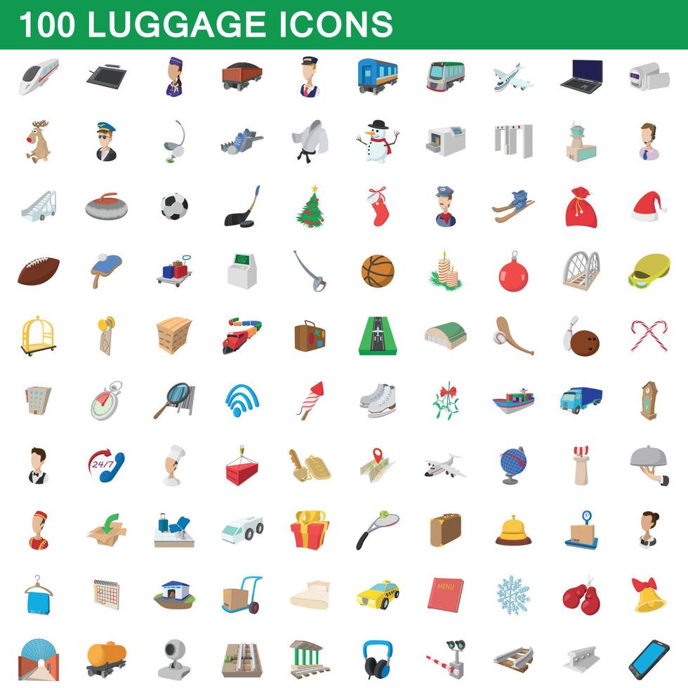 100 bagage ikoner set, tecknad stil vektor
