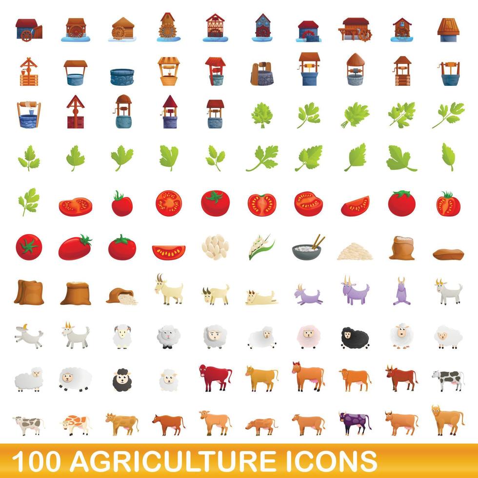 100 jordbruk ikoner set, tecknad stil vektor