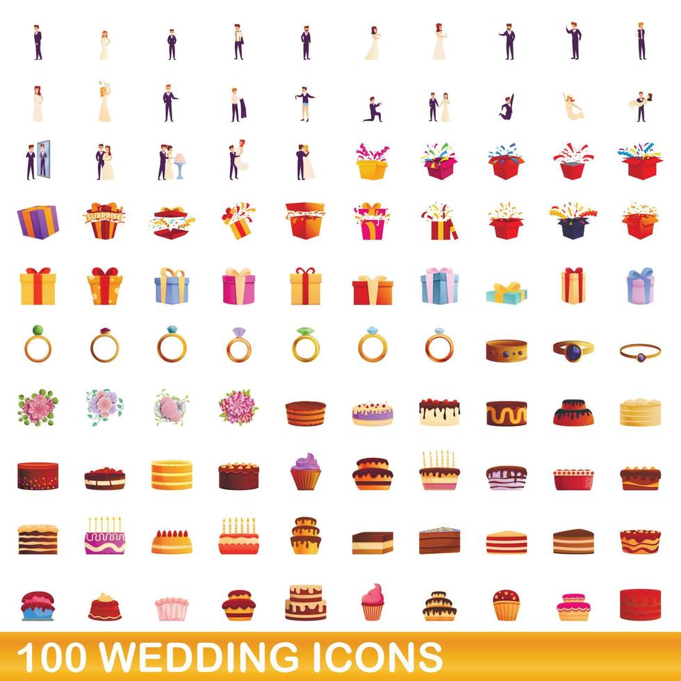 100 Hochzeitssymbole im Cartoon-Stil vektor