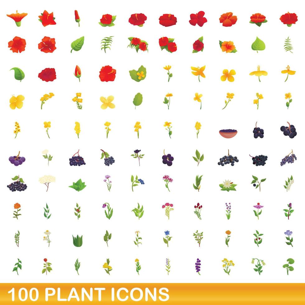 100 växtikoner set, tecknad stil vektor