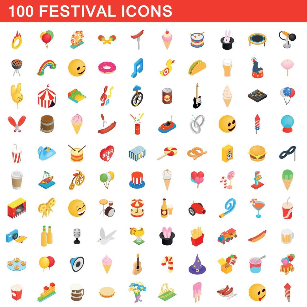 100 Festival-Icons gesetzt, isometrischer 3D-Stil vektor