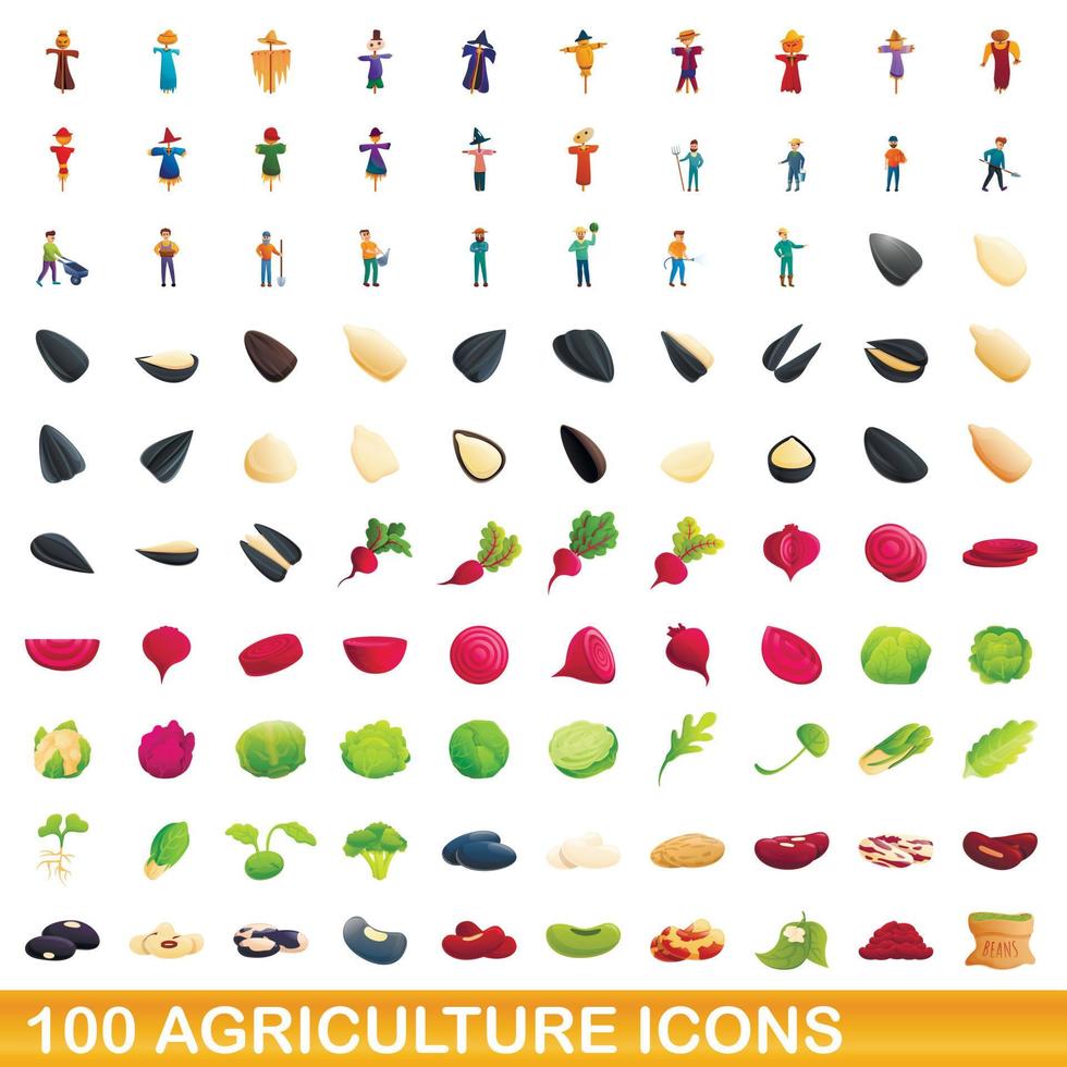 100 landwirtschaftliche Symbole im Cartoon-Stil vektor