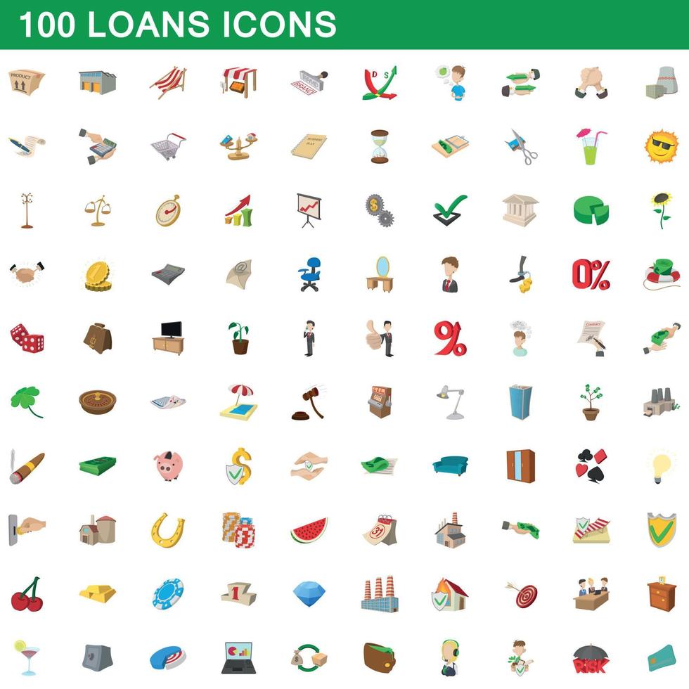 100 lån ikoner set, tecknad stil vektor