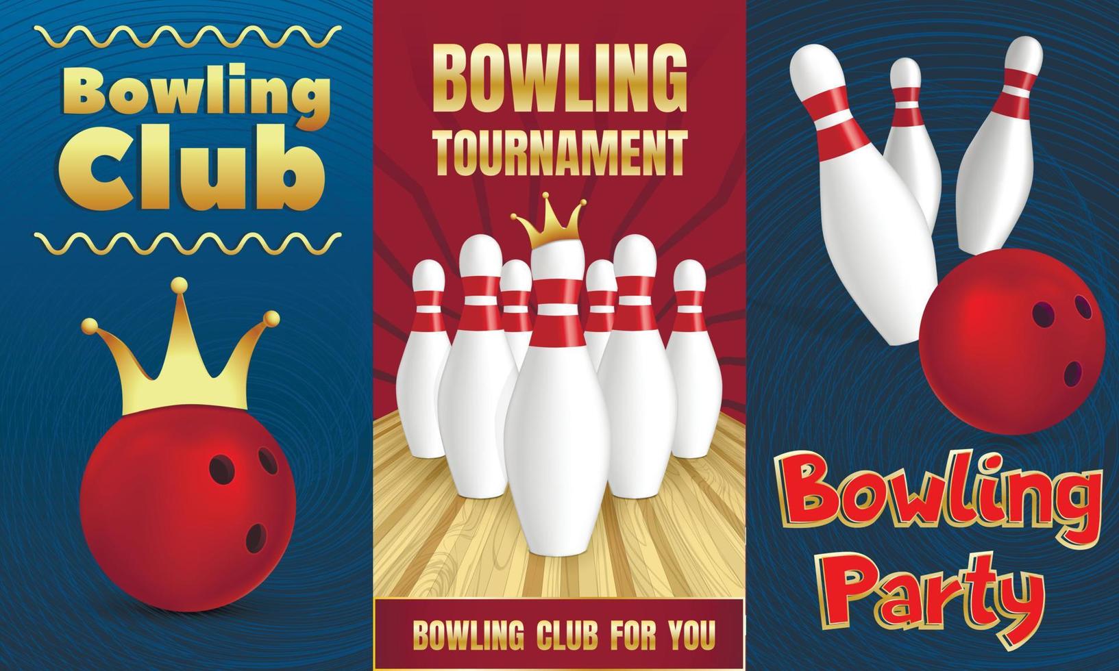 bowling party banner set, realistisk stil vektor