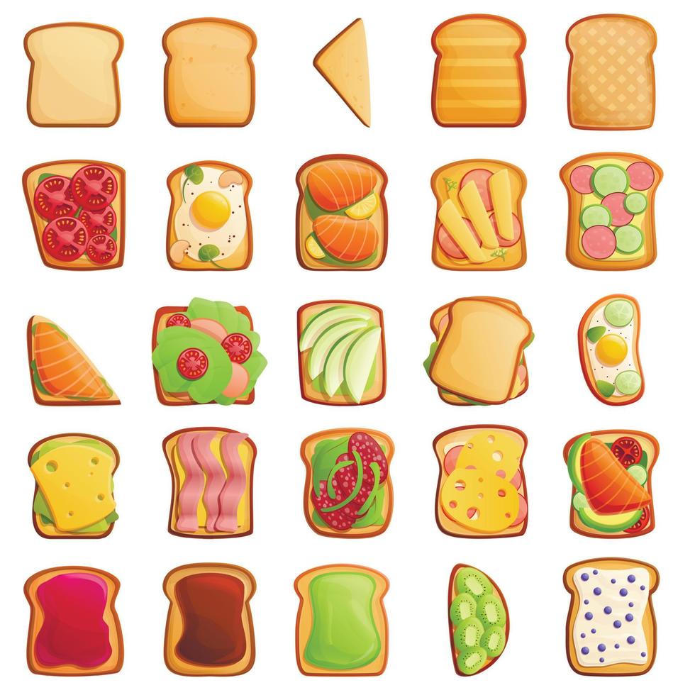 Toast-Icons gesetzt, Cartoon-Stil vektor