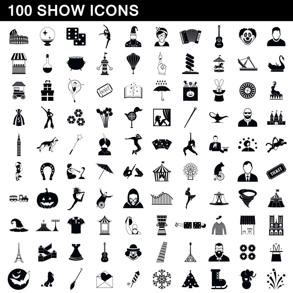 100 Show-Icons gesetzt, einfacher Stil vektor