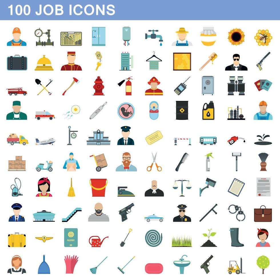 100 Job-Icons gesetzt, flacher Stil vektor