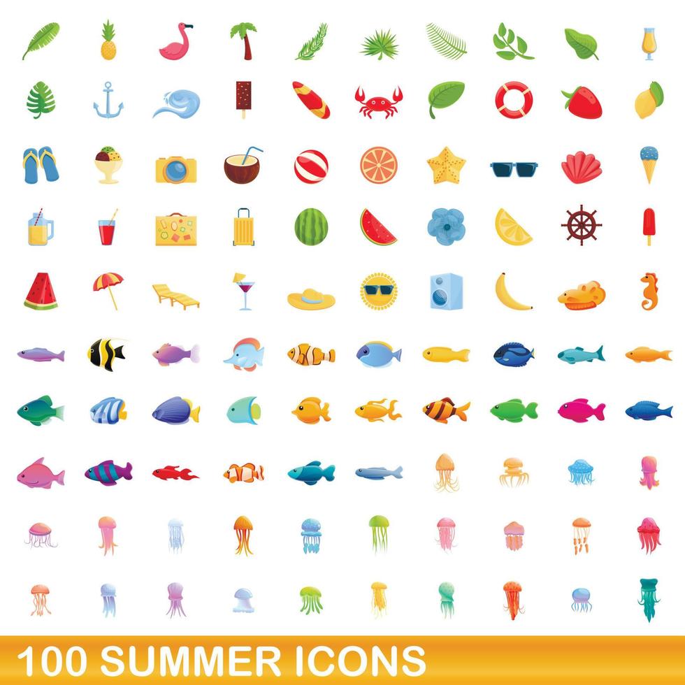 100 Sommer-Icons gesetzt, Cartoon-Stil vektor