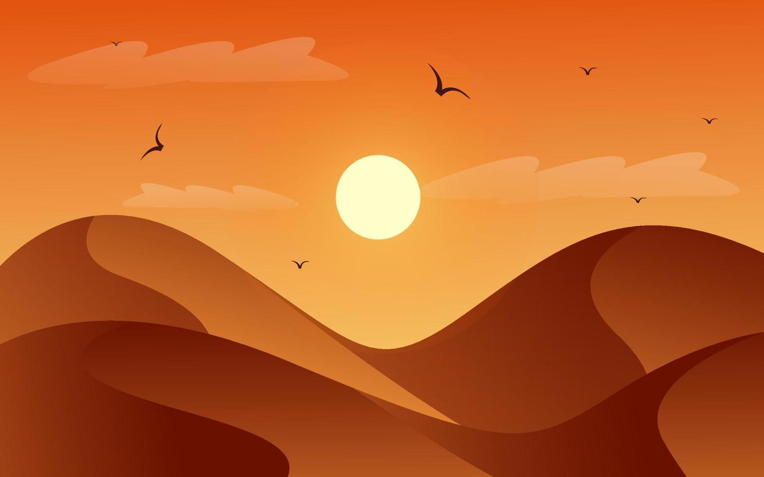 Wüstenlandschaft mit flacher Illustration des Sonnenuntergangvektors vektor