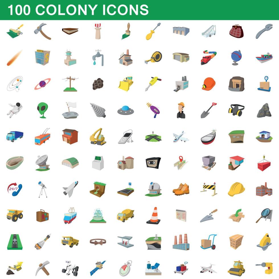 100 Koloniesymbole im Cartoon-Stil vektor