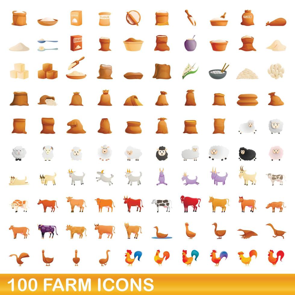100 gård ikoner set, tecknad stil vektor