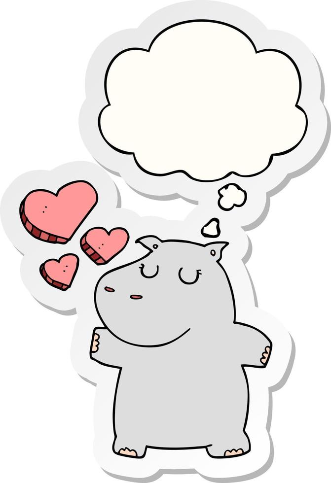 tecknad flodhäst i kärlek och tankebubbla som ett tryckt klistermärke vektor